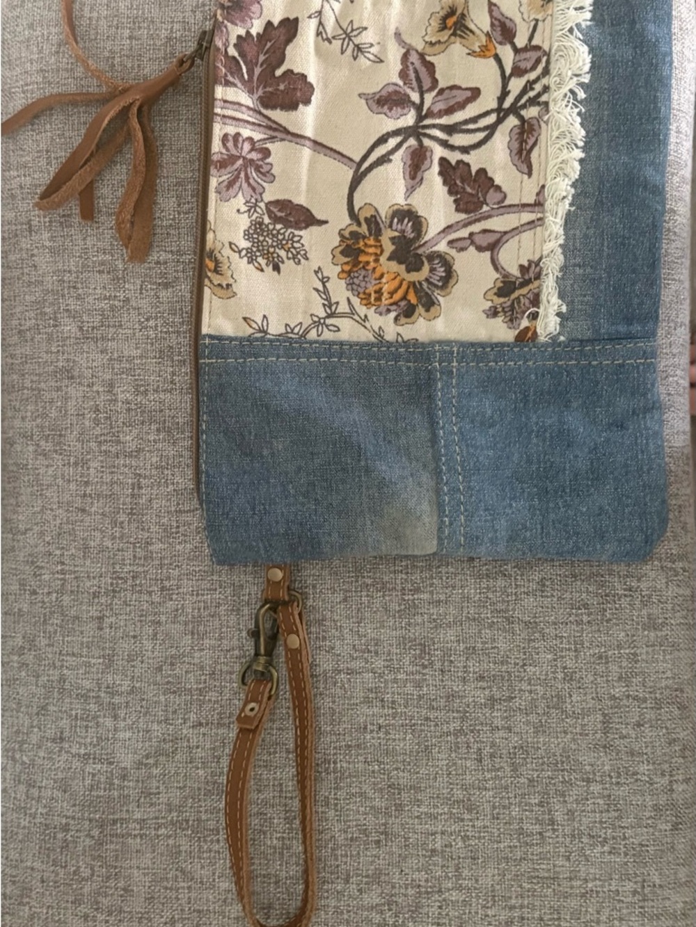 Myra Bag Floral Patchwork Denim & Brown Wristlet